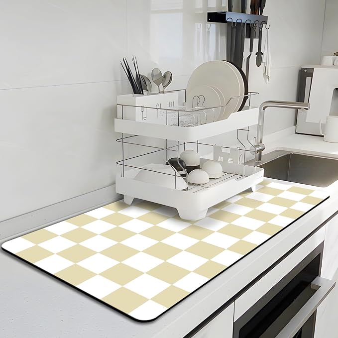 Checkered Dish Drying Mat for Kitchen, Coffee Station Mats by BLESWIN