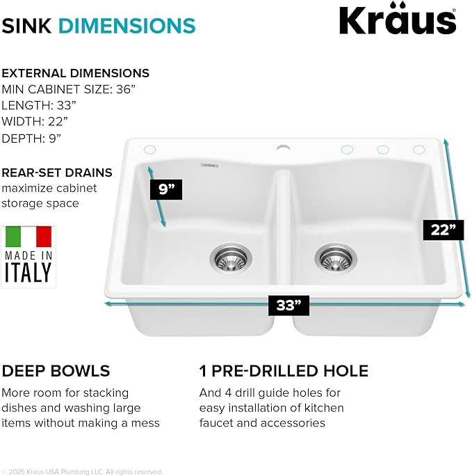 KRAUS Forteza 33-inch Granite Drop In/Undermount 50/50 Double Bowl White Kitchen Sink, KGD-52WHITE