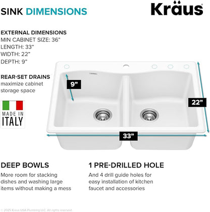 KRAUS Forteza 33-inch Granite Drop In/Undermount 50/50 Double Bowl White Kitchen Sink, KGD-52WHITE
