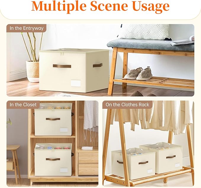 Shoe Organizer for Closet, 2 Pack Shoe Organizer with Clear Cover, Closet Shoe Storage Containers w/Adjustable Dividers, Foldable Storage Bins for Shoes, Fits 16-32 Pairs, Beige