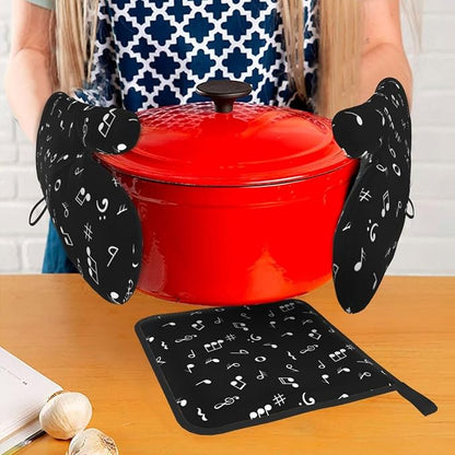 Music Notes Oven Mitts and Pot Holders Sets of 3 Black Hot Pads Musicial Oven - Image 7