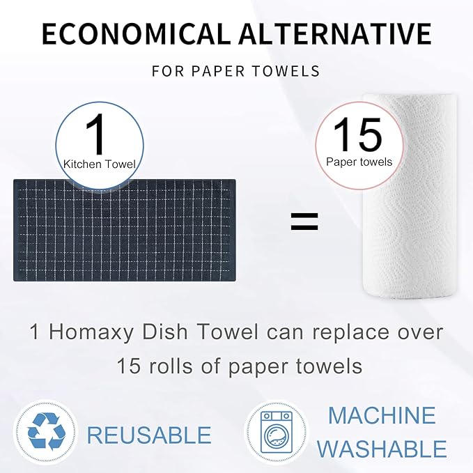 Homaxy 100% Cotton Terry Kitchen Towels(Dark Grey, 13 x 28 inches), Checkered Designed, Soft and Super Absorbent Dish Towels, 4 Pack