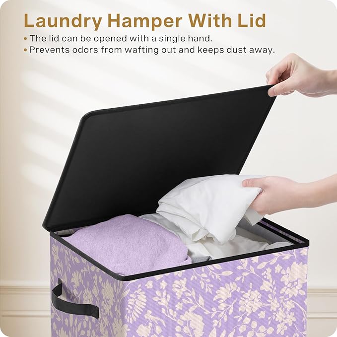 SOLEDI Laundry Hamper with Lid, 90L Tall & Large Floral Laundry Basket, Collapsible Clothes Hamper with Removable Bag, Dirty Hampers for Bedroom, Bathroom, Laundry Room