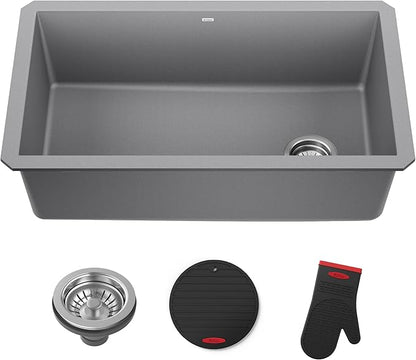 KRAUS Forteza 32-inch Undermount Single Bowl Granite Kitchen Sink in Grey, KGU-55GREY
