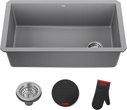 KRAUS Forteza 32-inch Undermount Single Bowl Granite Kitchen Sink in Grey, KGU-55GREY