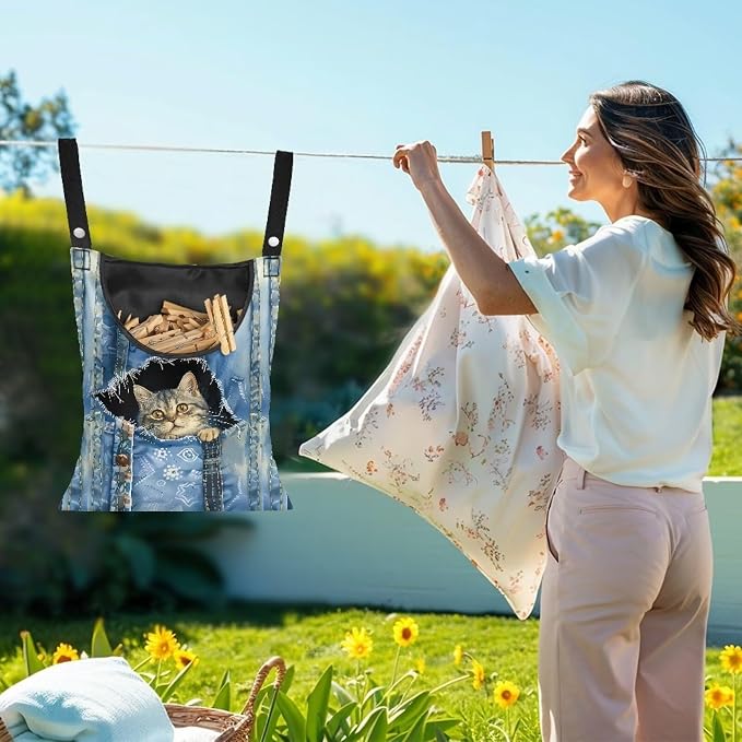 Cat Pin Bag with Hanging Rope, Laundry Hanging Bag, Fits Clothes Lines - Image 2