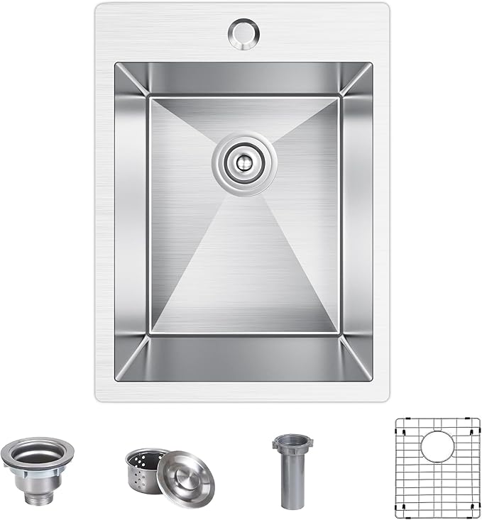 15x20 inch Drop in Bar Sink, 15 inch Small Kitchen Sink 18 Gauge Single Bowl Stainless Steel Topmount Bar Sink with Basket Strainer Drain & Bottom Grid
