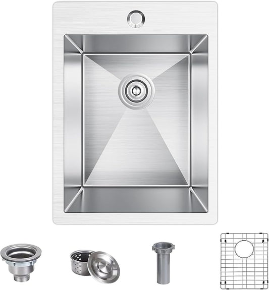 15x20 inch Drop in Bar Sink, 15 inch Small Kitchen Sink 18 Gauge Single Bowl Stainless Steel Topmount Bar Sink with Basket Strainer Drain & Bottom Grid