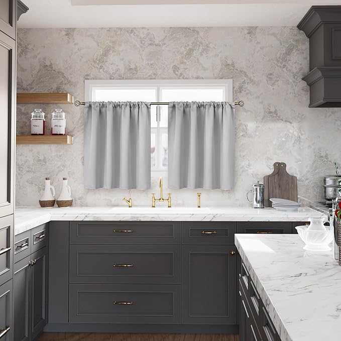 BGment Light Grey Short Curtains 30 Inches Length for Kitchen Bathroom - Rod Pocket Room Darkening Blackout Window Drapes for Basement Cafe Camper, 2 Panels, 42 x 30 Inch