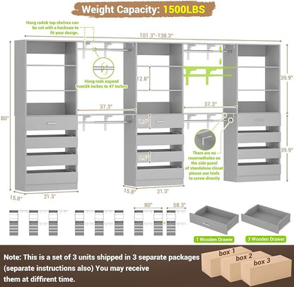Aheaplus Closet System Set of 3, 138.5" Wood Closet Organizer System Tower - Image 7