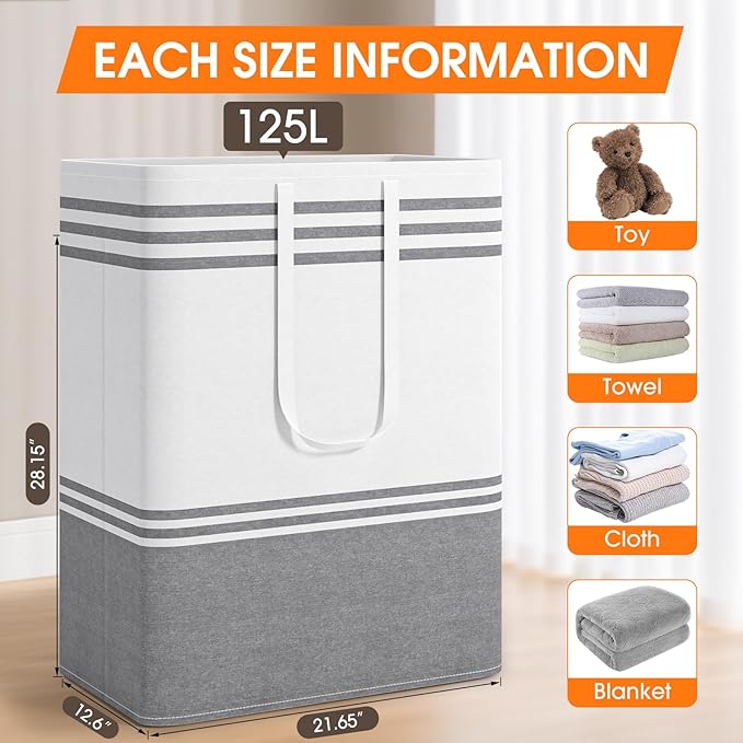 2 Pack Large Home Laundry Basket, Laundry Hamper, Freestanding Waterproof Dirty Clothes Bag, Tall Clothes Hamper - Extended & Reinforced Handles for College Dorm, Family (Light Grey/125L)