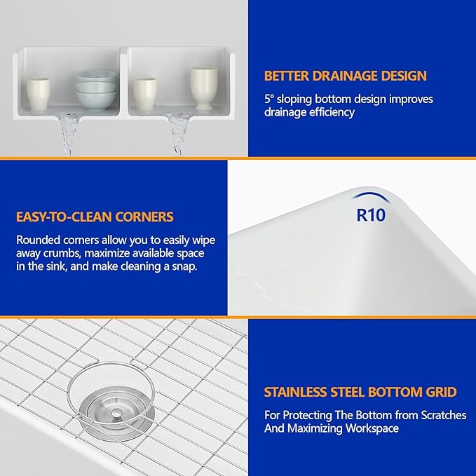 Dcolora Double Bowl Farmhouse Kitchen Sink Reversible Front Apron White Fireclay Ceramic Sinks Undermount Barn Sink 33"W×18"D×10"H,DC-A8871