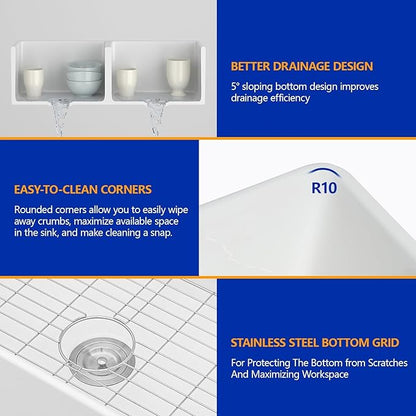 Dcolora Double Bowl Farmhouse Kitchen Sink Reversible Front Apron White Fireclay Ceramic Sinks Undermount Barn Sink 33"W×18"D×10"H,DC-A8871