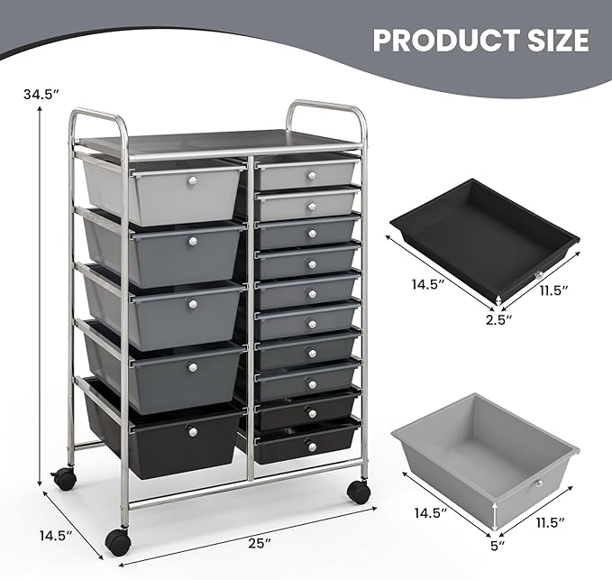 GOFLAME 15-Drawer Rolling Storage Cart, Multipurpose Movable Organizer Cart, Utility Cart for Home, Office, School, Gray Gradient