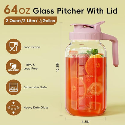 Glass Mason Jar Pitcher, 64 oz Wide Mouth Jug - Image 2