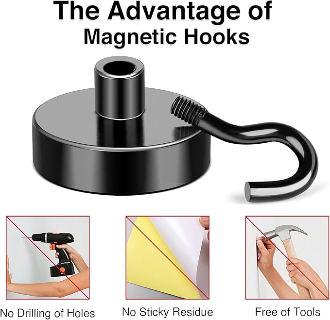 MIKEDE Magnetic Hooks, 40LB+ Heavy Duty Magnet Hooks for Cruise Cabins, Super Neodymium Hanging Hooks Black Strong Magnets with Hook for Fridge, Magnetic Hanger for Grill, Toolbox - Pack of 4