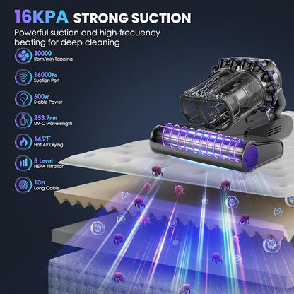 Mattress Vacuum Cleaner, 16Kpa Bed Vacuum Vleaner 253.7nm UV-C Light, 145°F Heat - Image 2