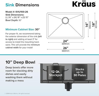 KRAUS Standart PRO 26-inch 16 Gauge Undermount Single Bowl Stainless Steel Kitchen Sink, KHU100-26