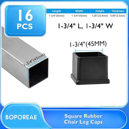 16 Pcs 1-3/4" x 1-3/4" Square Rubber Chair Leg Caps, PVC Table Leg Covers - Image 2