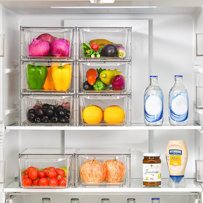 8Pack Clear Stackable Kitchen Storage Organizer,Pantry Organizers and Storage,Foods Organizer Bins with Handles, Easily Assemble for Bathroom, Kitchen, Refrigerator, Pantry, Cabinet, Closet