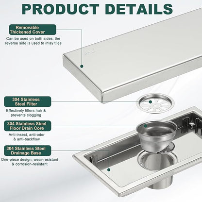 uxcell Rectangular Shower Drain, Brushed 304 Stainless Steel Odor-Proof Floor - Image 3