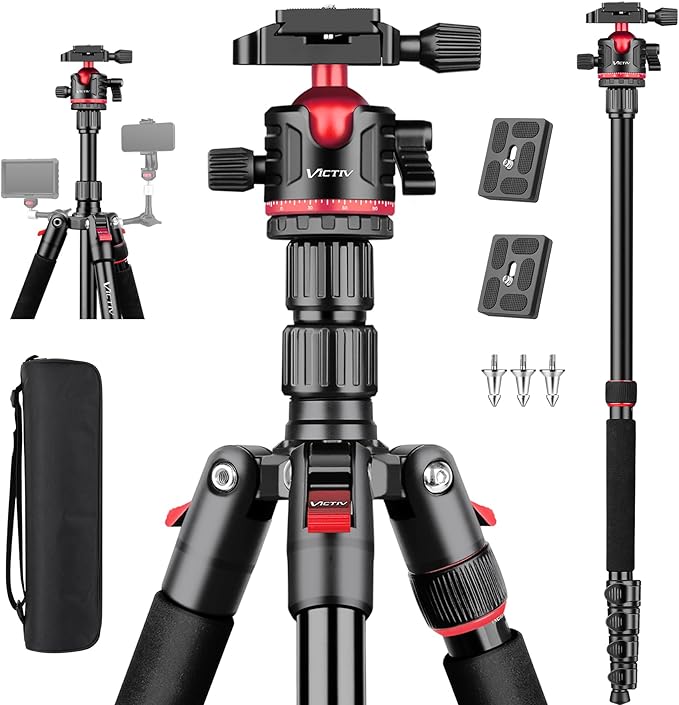 78" Porfessional Tripod for Camera, Victiv Aluminum Camera Tripod Monopod for DSLR, Spotting Scope,Telescope, Binoculars, Compact Heavy Duty Camera Stand for Photography Video Recording Travel