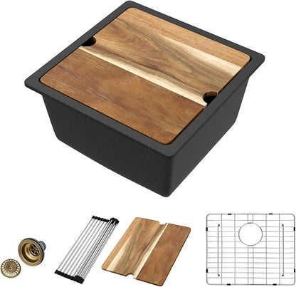 18 Black Granite Composite Bar Sink 18x18 Single Bowl Granite Composite Undermount Small Kitchen Sink Small Wet Bar Sinks with Workstation Quartz Natural Stone