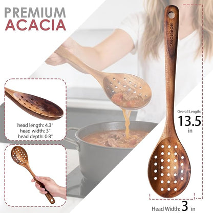 HOWHONG Slotted Spoon Wooden Cooking Utensil, Long Handle Acacia Wood Spoon - Image 2