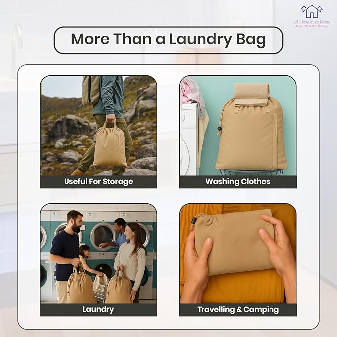 LFH Home Cotton Canvas Large Laundry Bag with Handle, Heavy Duty Drawstring Closure Washable Laundry Bags, School Travel, Home, Hotel, College Dorm, Organizer Sack, Toys Clothes 20x30-Beige