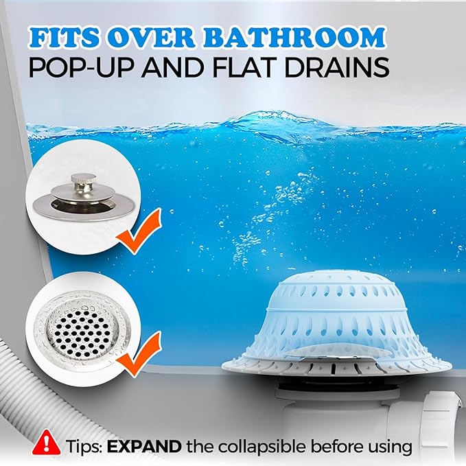 zaa 5 Pcs Bathtub & Shower Drain Hair Catcher, 2 Pack Silicone Collapsible Drain Protector and Drain Cover with 3 Snake Drain Clog Removers, for Pop-Up and Regular Drains of Tub, Shower, Bathroom