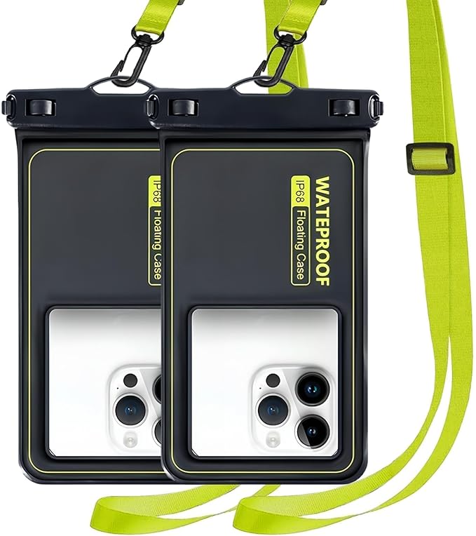 Marine IP68 Waterproof Phone Pouch, Floating Waterproof Phone Case with iPhone 16/15 Pro Max/ 14 Pro Max/ 13 Pro Max/ 12/ S24 Up to 7 inch, 2 Pack Black/Hi-Vis Yellow