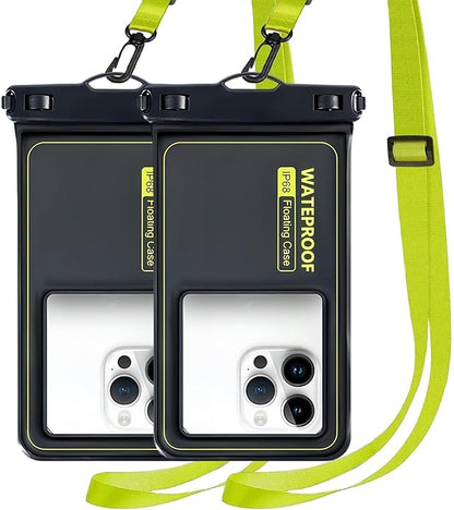 Marine IP68 Waterproof Phone Pouch, Floating Waterproof Phone Case with iPhone 16/15 Pro Max/ 14 Pro Max/ 13 Pro Max/ 12/ S24 Up to 7 inch, 2 Pack Black/Hi-Vis Yellow