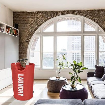 DOKEHOM 90L Large Laundry Basket, Collapsible Laundry Bag, Freestanding Tall Clothes Hamper, Foldable Washing Bin (Red)