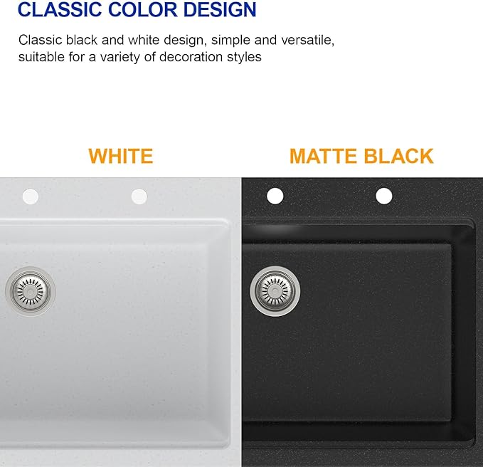 Dcolora White Granite Composite Kitchen Sink Drop In, 33x22 Large Single Bowl White Kitchen Sink Multifunctional Topmount Workstation Sinks #DC-0002GWT, 33" x 22" x 10"