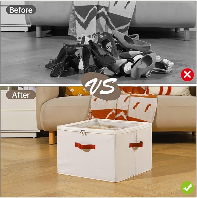 Shoe Organizer for Closet, 2 Pack Foldable Shoe Storage Containers, Fits up to 16-32 Pairs, Adjustable Dividers for Shoe Organizer, Fabric Shoe Storage Bins with Clear Cover, Beige