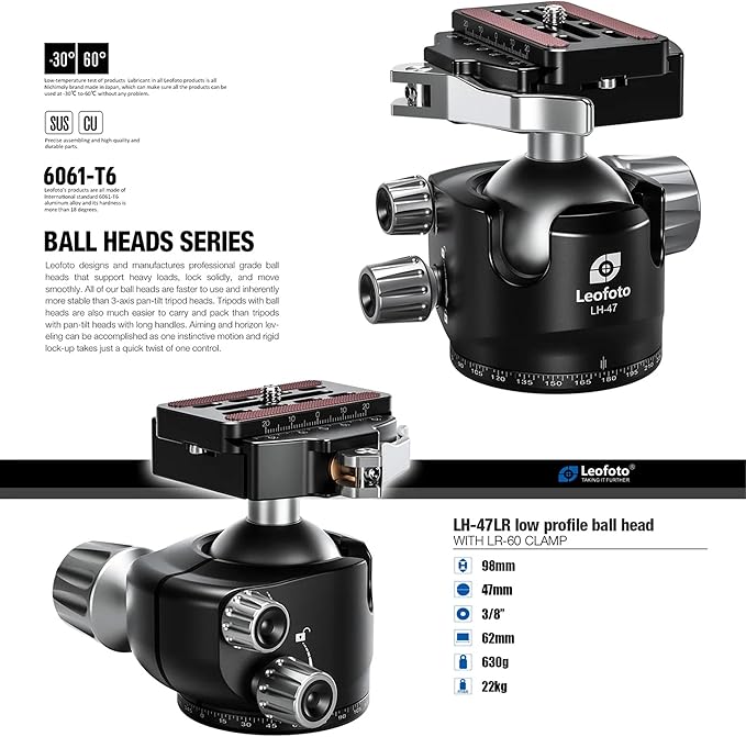 Leofoto Professional Camera Tripod, 62" Compact Carbon Fiber Tripod for DSLR Video Camcorder, 4 Leg Sections, 360° Ball Head, Max Load 25KG/55Lb (LS-364CX+LH-47LR)