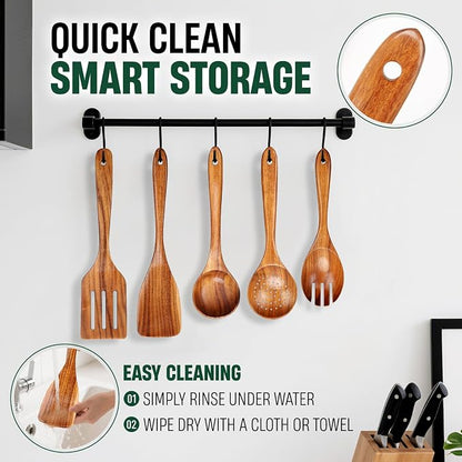 Bkiok Wooden Spoons for Cooking, Natural Teak Wood Kitchen Utensils Set for - Image 6