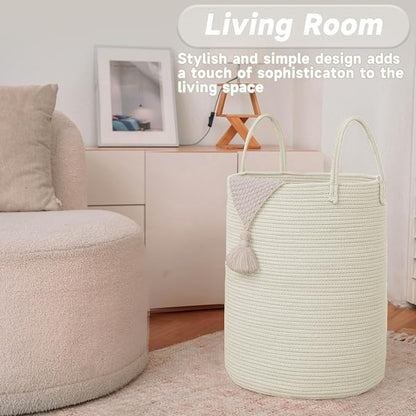 Large Woven Laundry Basket Hamper, 60L Cotton Rope Storage Bin - Image 3