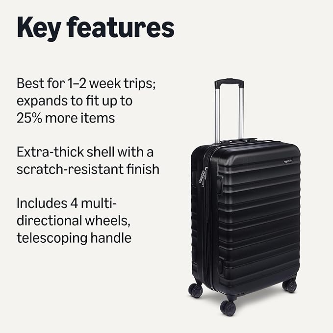 Amazon Basics 26" Hardside Medium Checked Luggage, Hardshell Suitcase With Wheels, Expandable For Up to 15% More Space, With Scratch-Resistant Surface, Four Multi-directional Wheels, Black