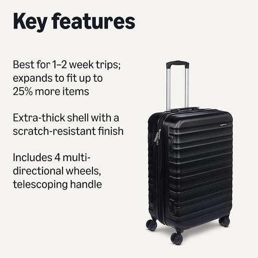 Amazon Basics 26" Hardside Medium Checked Luggage, Hardshell Suitcase With Wheels, Expandable For Up to 15% More Space, With Scratch-Resistant Surface, Four Multi-directional Wheels, Black