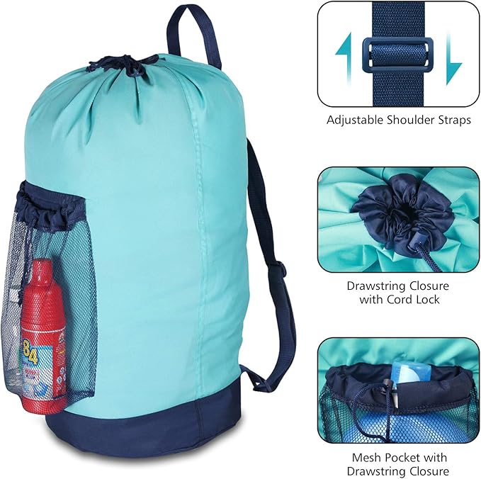 Dalykate Laundry Backpack with Shoulder Straps and Mesh Pocket Durable Nylon Clothes Hamper Bag with Drawstring Closure for College, Travel, Laundromat, Apartment