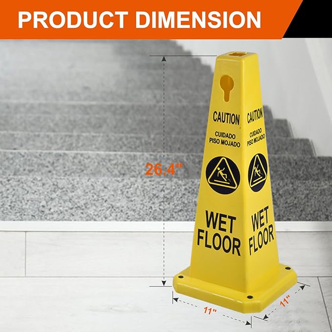 8-Pack 26.5" Caution Cones, 4-Sided Visible Safety Signs with Heavy Rubber Base, Warning for Slip & Fall Prevention, Indoor/Outdoor Use (Yellow, 8Pcs-Caution Wet Floor)