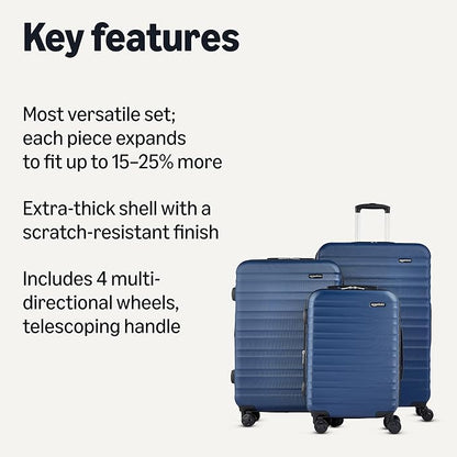 Amazon Basics 3-Piece Set (21", 26", 30"), Hardshell Suitcases With Wheels, Expandable For Up to 25% More Space, With Scratch-Resistant Surface, Four Multi-directional Wheels, Navy Blue