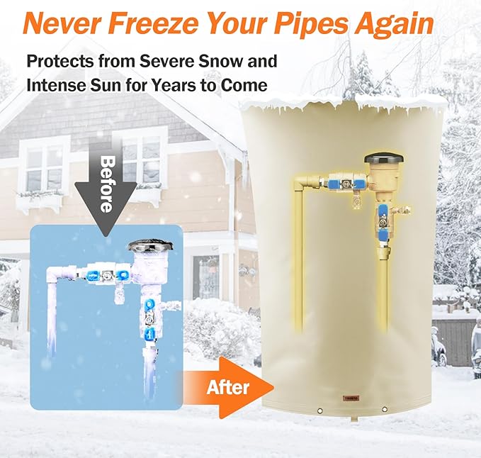 TOHONFOO Backflow Preventer Pipe Insulation Cover (5°F) - Irrigation Sprinkler Valve Insulated Pouch - Water Well Pump Cover - Sturdy 5 Layers for Winter Freeze Protection, 22" W x 34" H, Beige