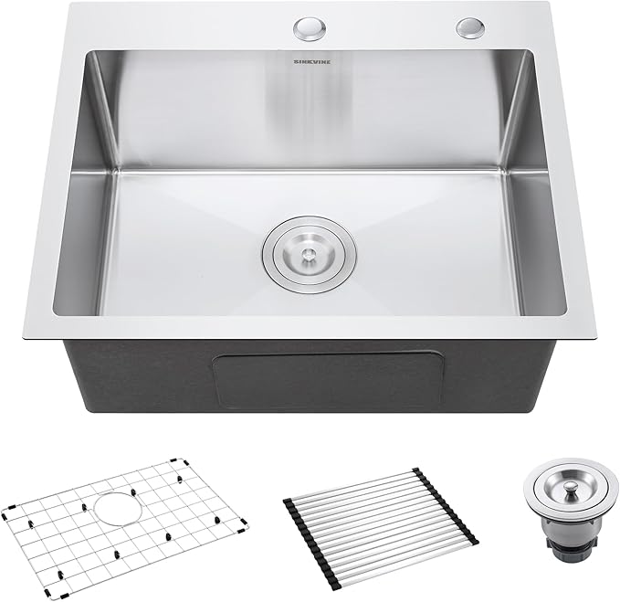 22 Inch Drop-In Kitchen Sink, SINKVINE 22" x 18" Stainless Steel Indoor and Outdoor Sink, Top Mount Deep Single Bowl Sink for Laundry, Wet Bar, RV, w/Drain Strainer, Bottom Grid, Roll-up Drying Unit
