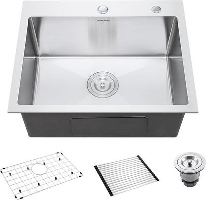 22 Inch Drop-In Kitchen Sink, SINKVINE 22" x 18" Stainless Steel Indoor and Outdoor Sink, Top Mount Deep Single Bowl Sink for Laundry, Wet Bar, RV, w/Drain Strainer, Bottom Grid, Roll-up Drying Unit