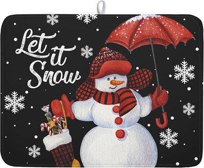 Black Snowman Dish Drying Mats for Kitchen Counter, Winter Snowflake Dish Mat by Kawani