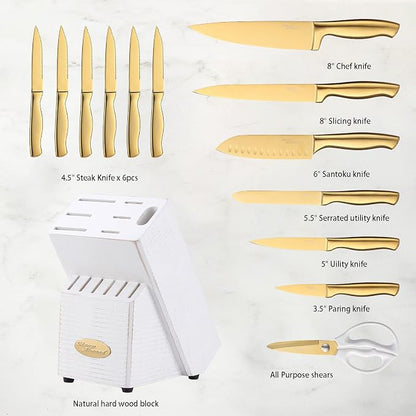 Marco Almond® Gold Knife Set, Knife Block Set MA21, Titanium Coated 14 Pieces - Image 6