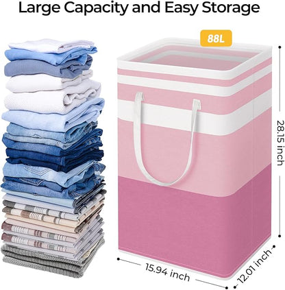 HomeHacks 2 Pack Large Laundry Baskets, Waterproof, Freestanding Laundry Hampers, Collapsible Clothes Hamper with Reinforced Handles in Laundry, College Dorm, Bathroom, Bedroom (Grey+Pink, 88Lx2)