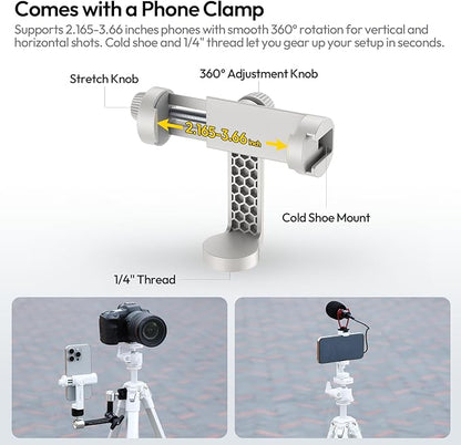 ULANZI Ombra Ⅱ Camera Travel Tripod White, 61.5" Aluminum Tripod Foldable with UKA Quick Release Plate for Phone Sony Canon, Video Shooting Vlogging Portable Stand w Phone Clamp Holder Carry Bag